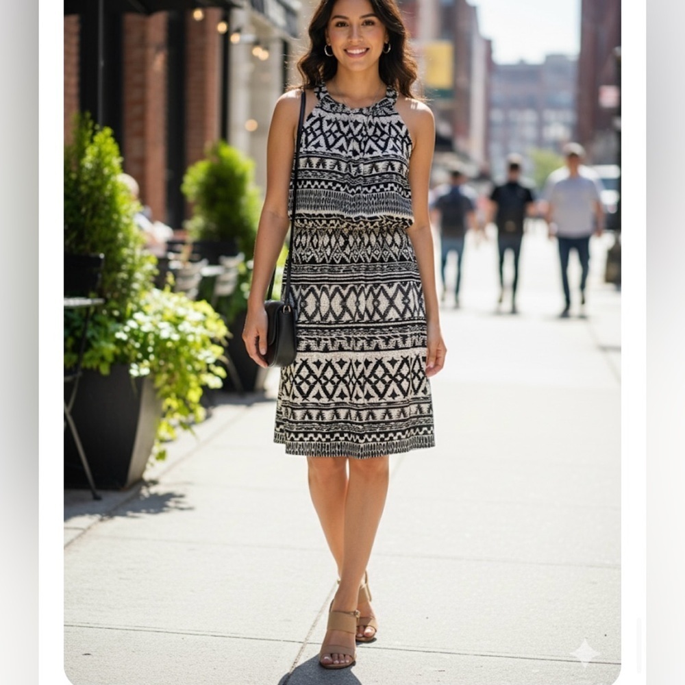 Donna Ricco Black and Cream Geometric Midi Dress